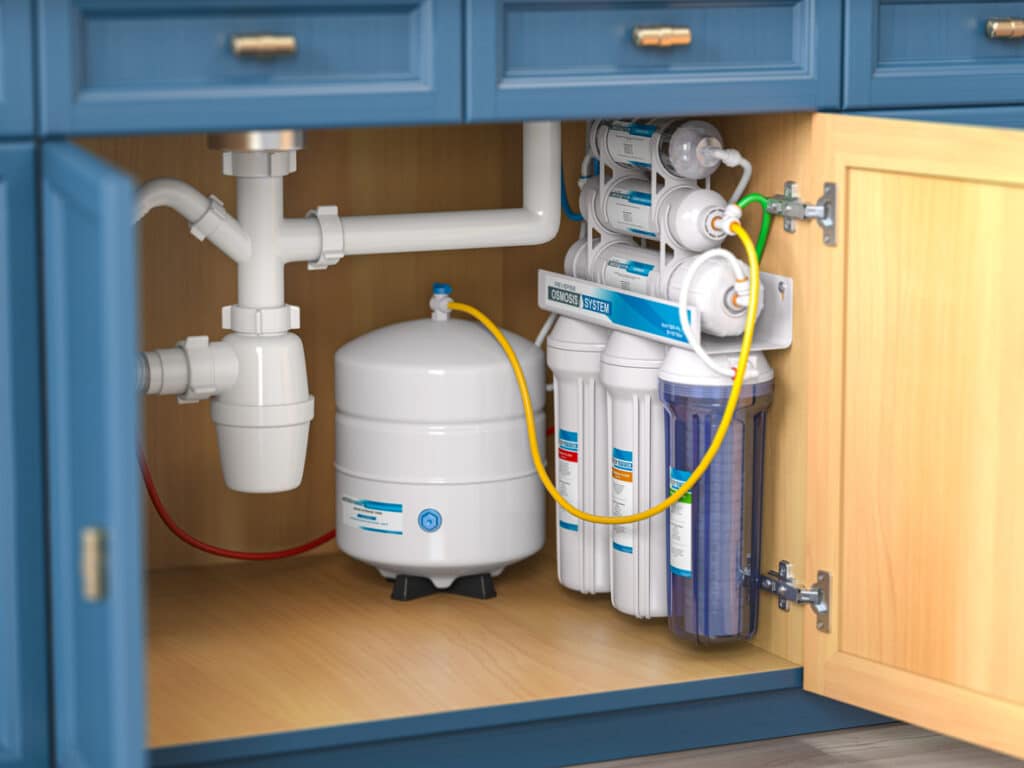 Reverse osmosis water purification system under sink in a kitchen. Water cleaning system installation. 3d illustration